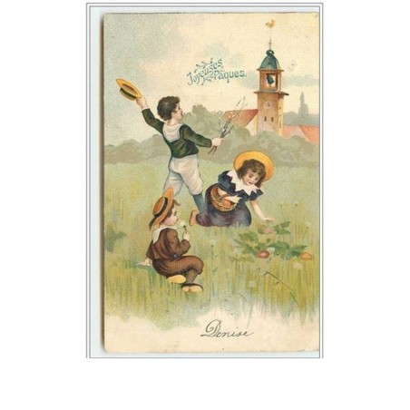 n°3077 - Carte Gaufree - Joyeuse Paques - Enfants ramassant des oeufs