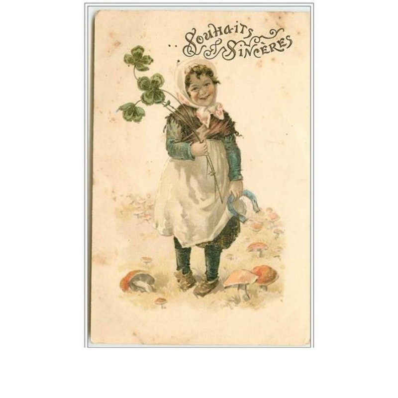 n°3083 - Souhaits sincères - Fillette avec des trefles - champignon