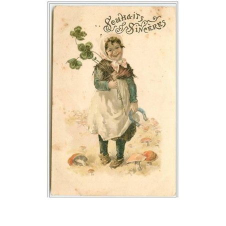 n°3083 - Souhaits sincères - Fillette avec des trefles - champignon