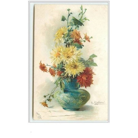 n°3106 - Catharina Klein - Bouquet de fleurs jaunes et rouges dans un vase bleu