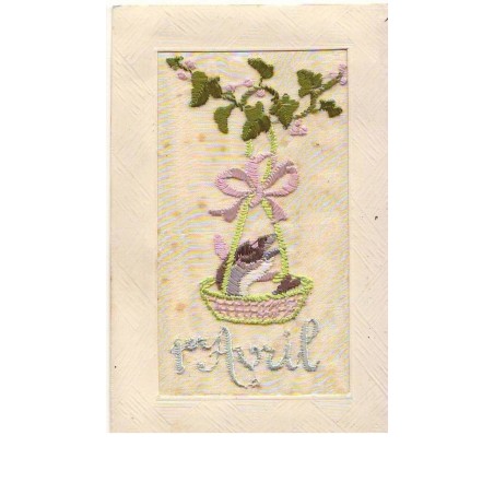 n°12002 - Carte Brodée - 1er Avril - Poisson dans un panier