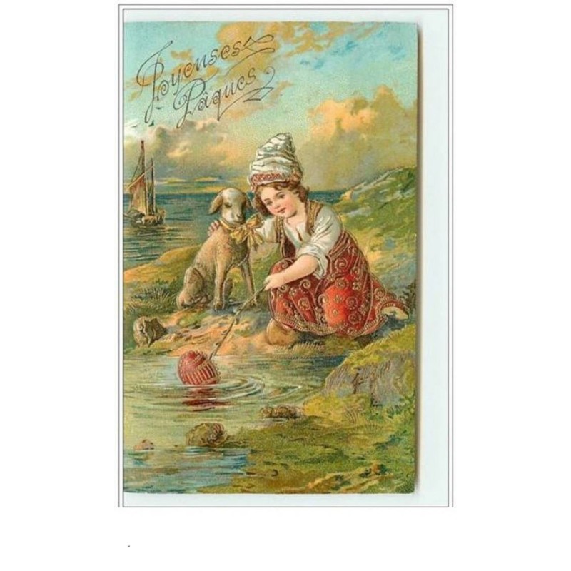 n°3128 - Carte Gaufree - Joyeuses Paques - Jeune Fille avec un agneau en bord de mer