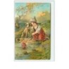 n°3128 - Carte Gaufree - Joyeuses Paques - Jeune Fille avec un agneau en bord de mer