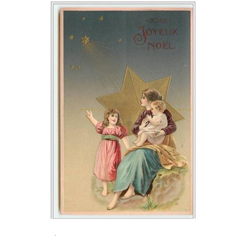 n°3137 - Carte  Gaufree - Joyeux Noel - Femme et enfants regardant une etoile filante