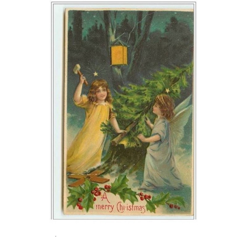n°3190 - Carte Gaufrée - A Merry Christmas - Ange frappant un sapin avec un marteau