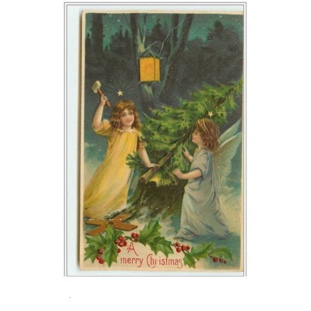 n°3190 - Carte Gaufrée - A Merry Christmas - Ange frappant un sapin avec un marteau
