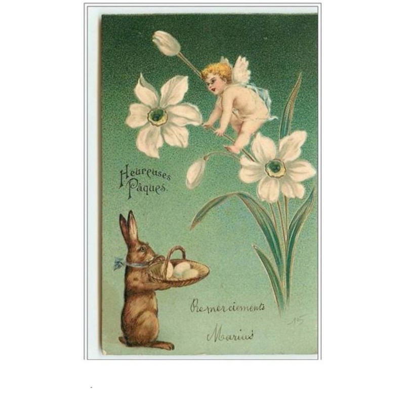 n°3195 - Carte Gaufree - Clapsaddle - Angelot sur une fleur blanche - Lapin avec des oeufs