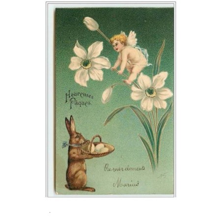 n°3195 - Carte Gaufree - Clapsaddle - Angelot sur une fleur blanche - Lapin avec des oeufs