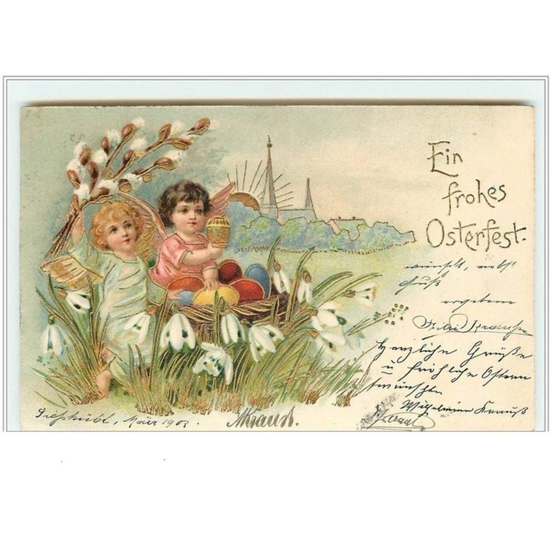 n°3196 - Carte légèrement Gaufree - Angelots avec des oeufs dans un nid