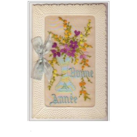 n°3201 - Carte Brodee - Bonne Annee - Bouquet de violettes et de mimosas