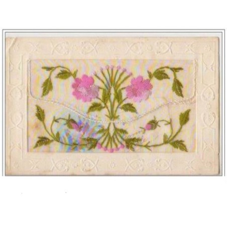 n°3203 - Carte Brodee avec rabat - Fleurs roses
