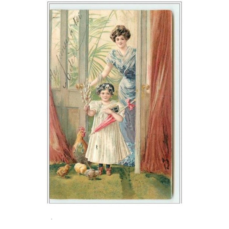 n°3243 - Carte Gaufree - Femme et enfant rentrant dans une maison
