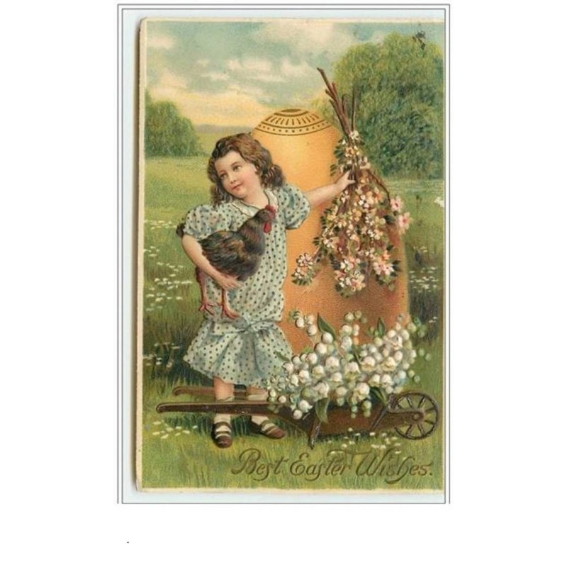n°3244 - Carte Gaufree - Best Easter Wishes - Fillette avec une poule - brouette de muguet