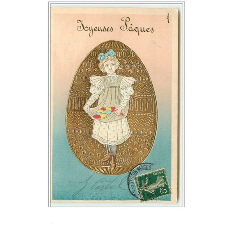 n°3245 - Carte Gaufree - Joyeuses Paques - Fillette dans un oeuf en or
