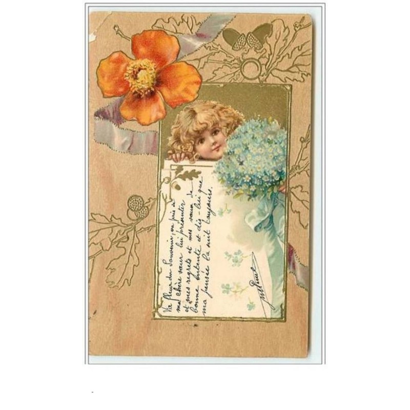 n°3248 - Carte Gaufree - Fillette avec un bouquet de myosotis - Décor Art Nouveau