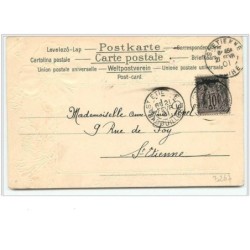n°3248 - Carte Gaufree - Fillette avec un bouquet de myosotis - Décor Art Nouveau