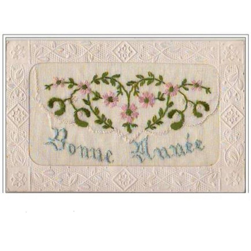 n°3254 - Carte Brodee  - Bonne Annee - Petites fleurs roses