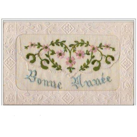 n°3254 - Carte Brodee  - Bonne Annee - Petites fleurs roses