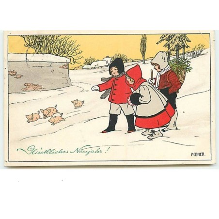 n°12008 - MM Vienne n°551 -  Pauli Ebner - Glückliches Neujahr - Enfants regardant des cochons courir