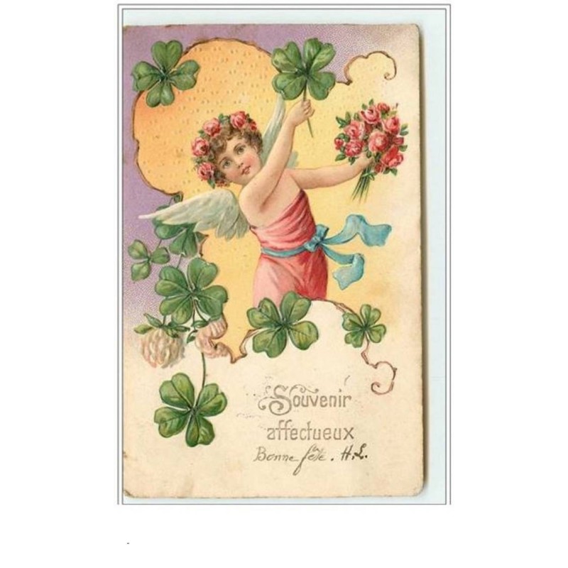 n°3286 - Carte Gaufree - Souvenir Affectueux - Ange avec un trèfle et un bouquet à la main