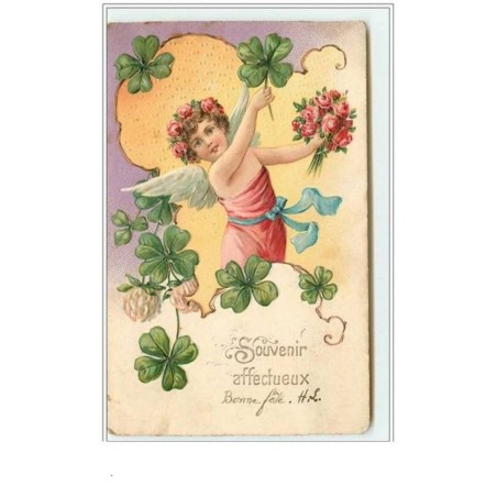 n°3286 - Carte Gaufree - Souvenir Affectueux - Ange avec un trèfle et un bouquet à la main