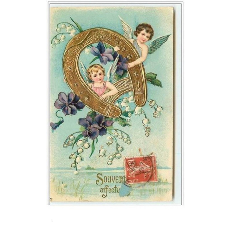 n°3290 - Souvenir affectueux - Angelots et fer à cheval