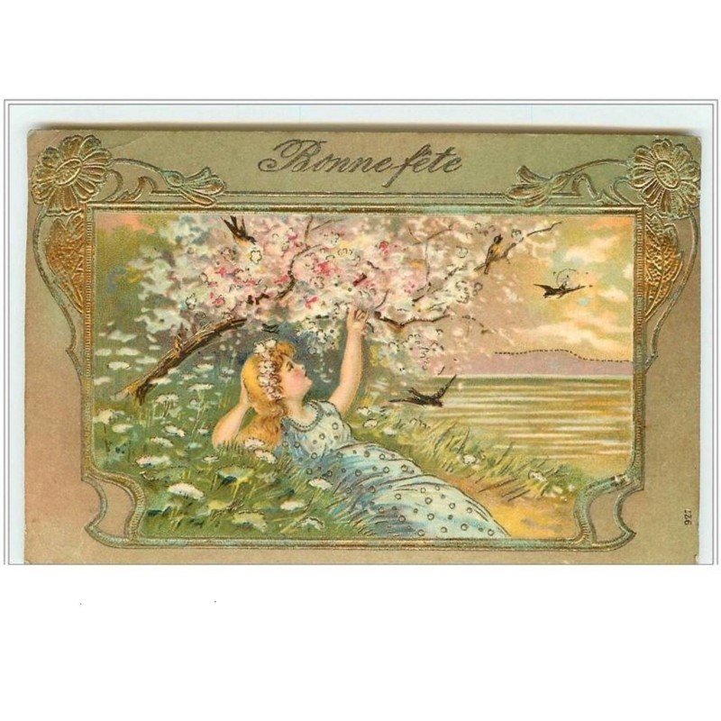 n°3294 - Carte Gaufree -Bonne Fete - Femme allongee sous un cerisier en fleur