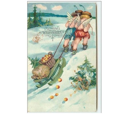 n°10141 - Carte Fantaisie - Fröhliche Weihnachten - Anges tirant une luge