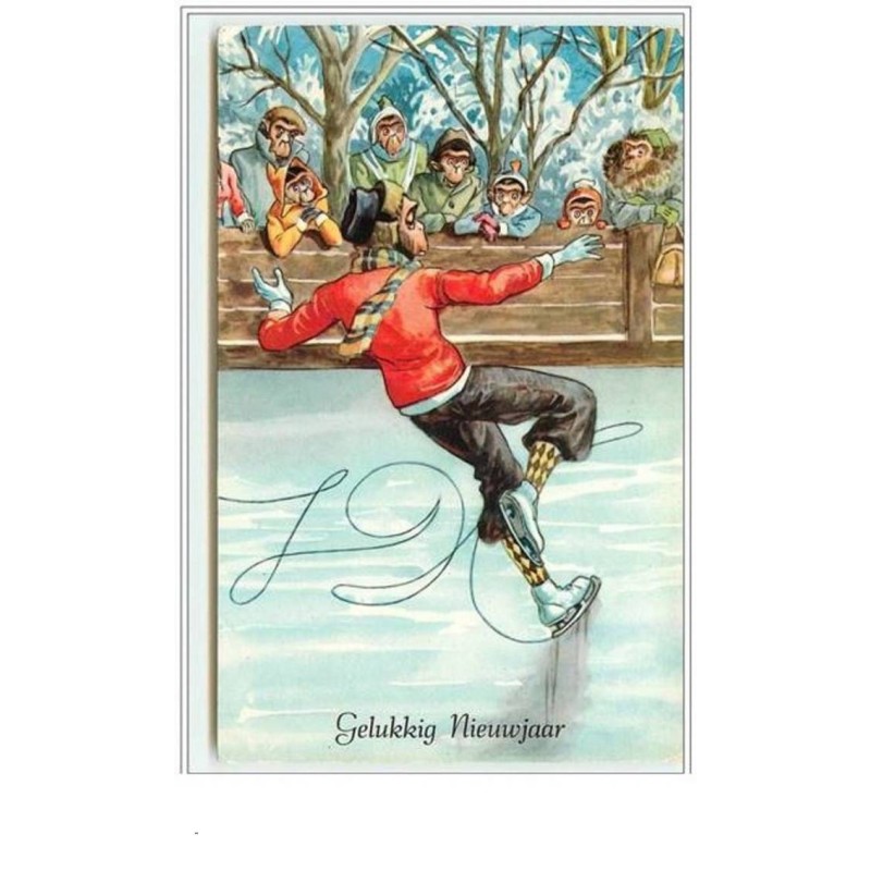 n°3322 - Gelukkig Nieuwjaar - Singe faisant du patin à glace