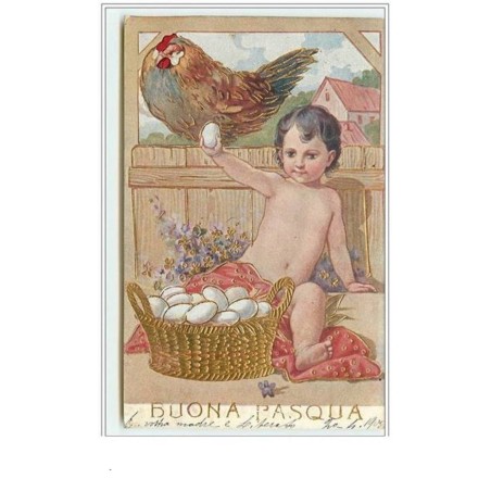 n°3326 - Carte Gaufree - Buona Pasqua - Poule et enfant avec des oeufs