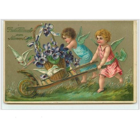 n°3328 - Angelots poussant une brouette de fleurs