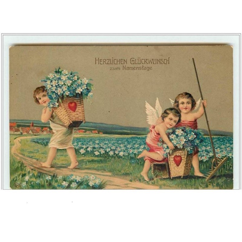 n°3330 - Carte Gaufree - Angelots cueillant des myosotis