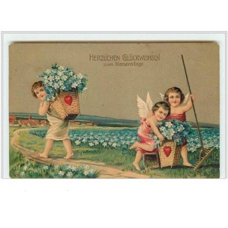 n°3330 - Carte Gaufree - Angelots cueillant des myosotis