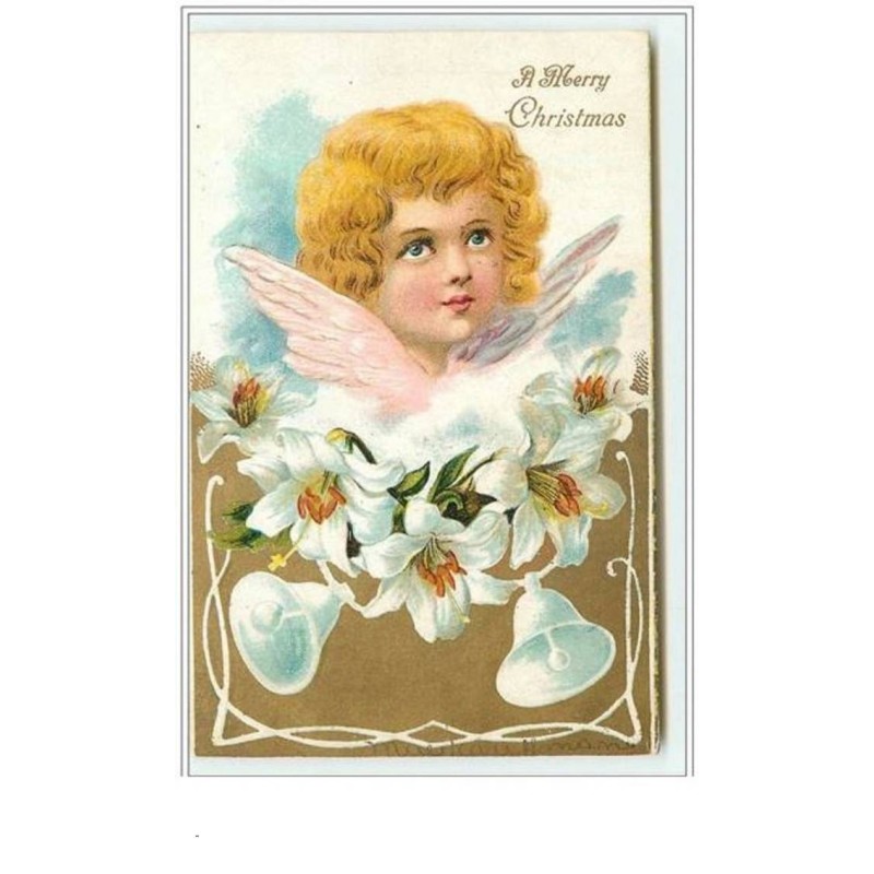 n°3338 - Carte Gaufree - A Merry Christmas - Tete d'ange - cloche