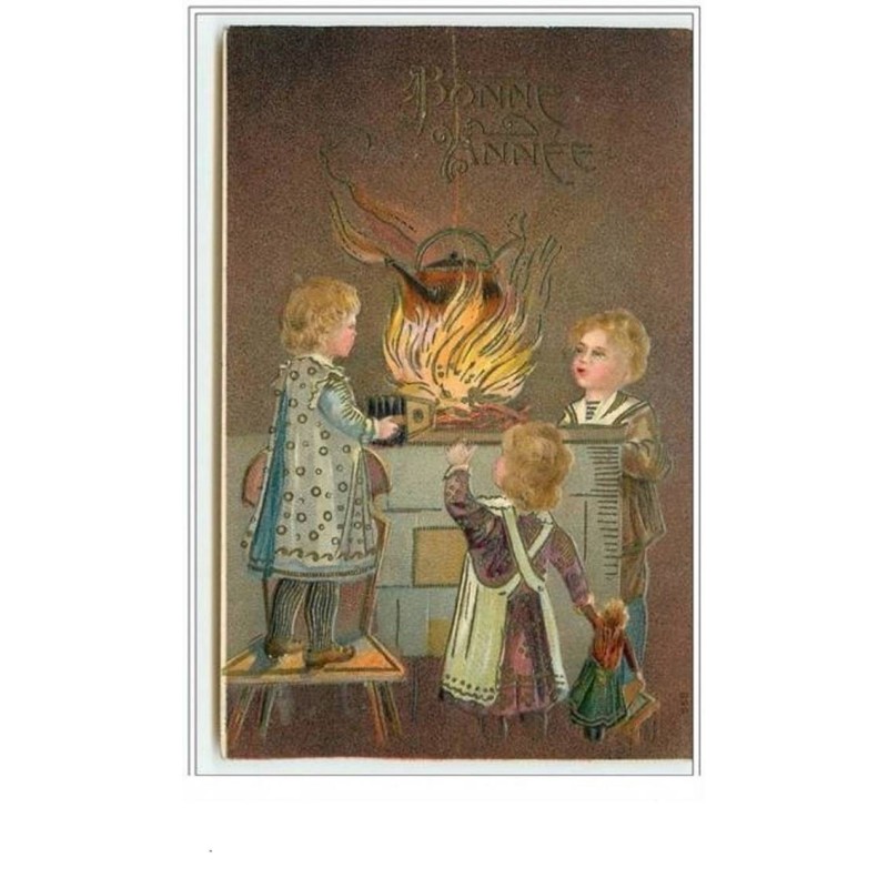 n°335 - Carte Gaufrée - Bonne Année - Enfants autour d'un feu
