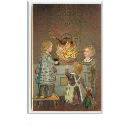 n°335 - Carte Gaufrée - Bonne Année - Enfants autour d'un feu