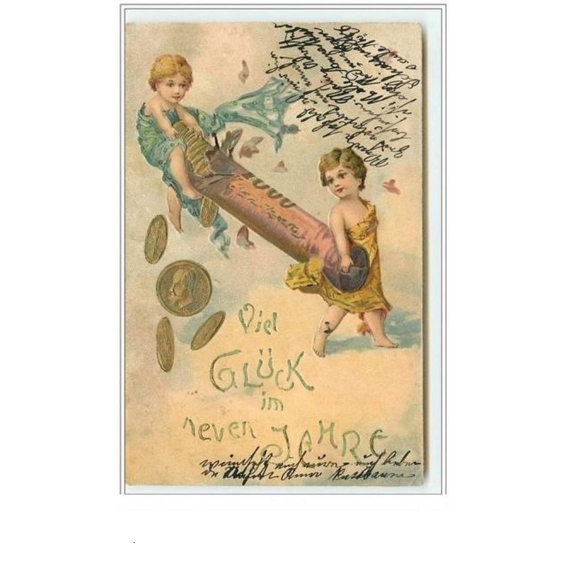 n°336 - Carte Gaufrée - Viel Glück im Neuen Jahre - Enfants avec des pièces de monnaie