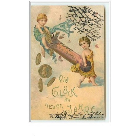 n°336 - Carte Gaufrée - Viel Glück im Neuen Jahre - Enfants avec des pièces de monnaie
