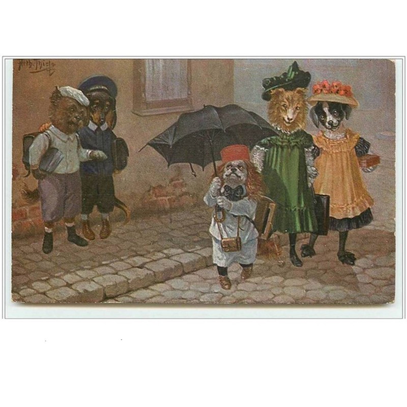 n°3367 - Arthur Thiele - Série 1672 - Erster Schulgang - teckel caniche...habillés