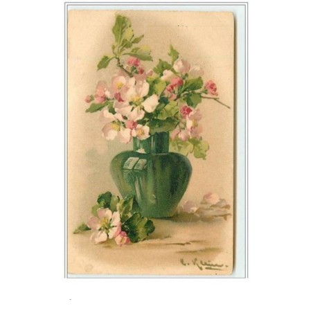 n°3376 - Catharina Klein - Bouquet de fleurs roses dans un vase vert