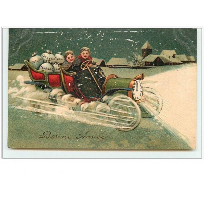 n°339 - Carte Gaufrée -  Enfants avec des sacs de pièces dans une voiture