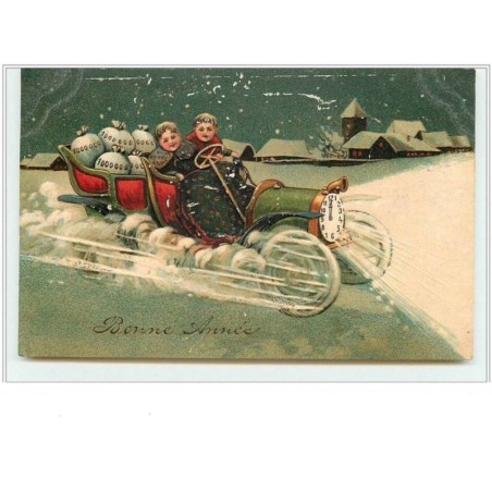 n°339 - Carte Gaufrée -  Enfants avec des sacs de pièces dans une voiture