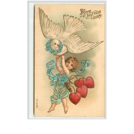 n°3426 - Carte Gaufree - Bonne et Heureuse Annee - Enfant suspendu a une colombe