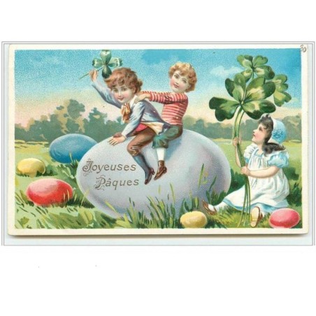 n°343 - Carte Gaufrée - Joyeuses Pâques - Enfants sur un Oeuf