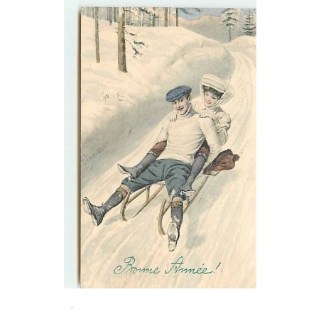 n°3435 - Bonne Année - Couple faisant de la luge