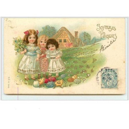 n°344 - Carte Gaufrée - Joyeuses Pâques - Fillettes devant des oeufs