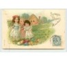 n°344 - Carte Gaufrée - Joyeuses Pâques - Fillettes devant des oeufs