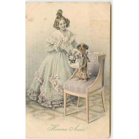 n°12022 - MM Vienne n°342 - H. Schubert -Heureuse Année ! - Jeune femme près d'un chien tenant un bouquet