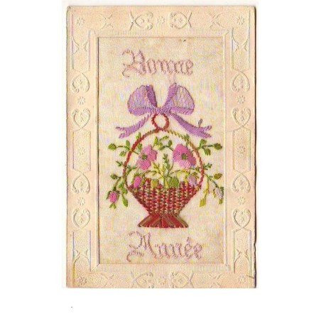 n°3454 - Carte Brodee - Bonne Année - Panier de fleurs