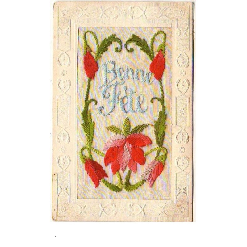 n°3455 - Carte Brodee - Bonne Fete - Fleurs rouges style Art Nouveau